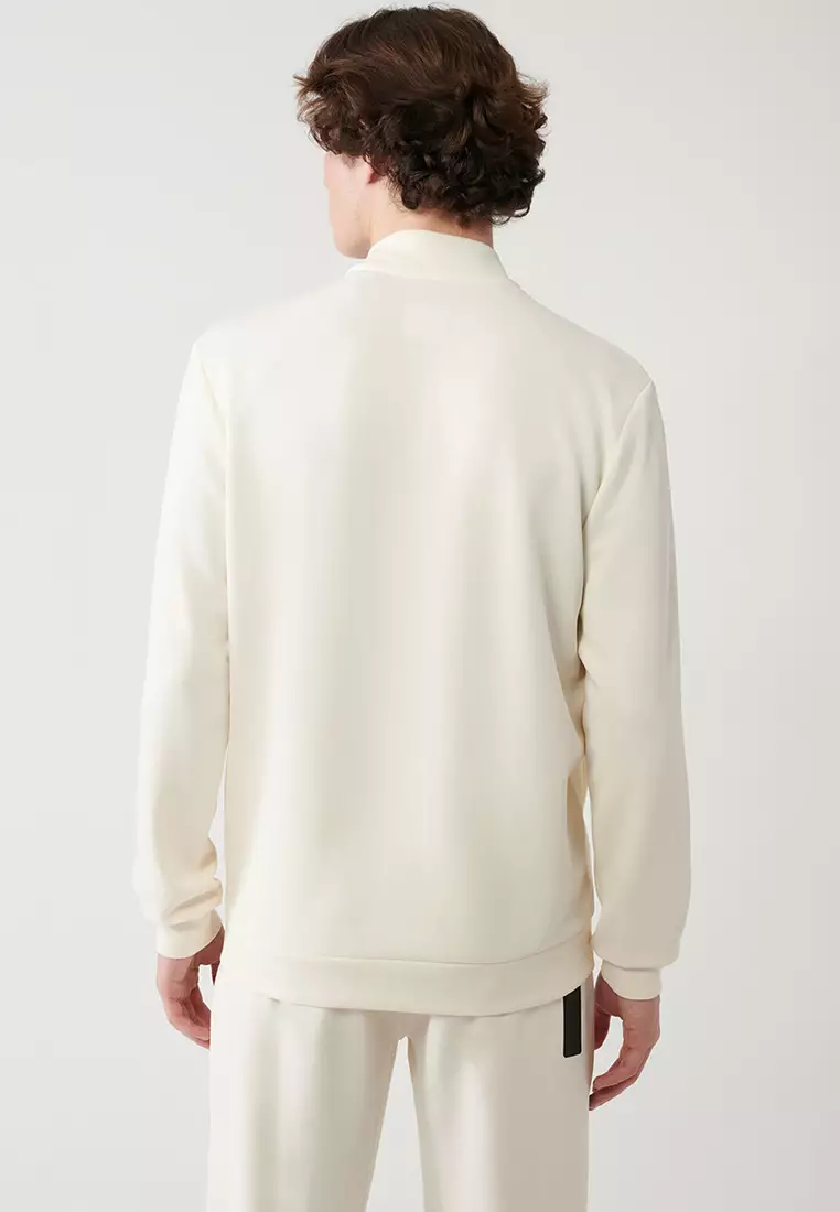 Men's Ecru Stand Collar Printed Soft Touch Printed Sweatshirt A41Y1225