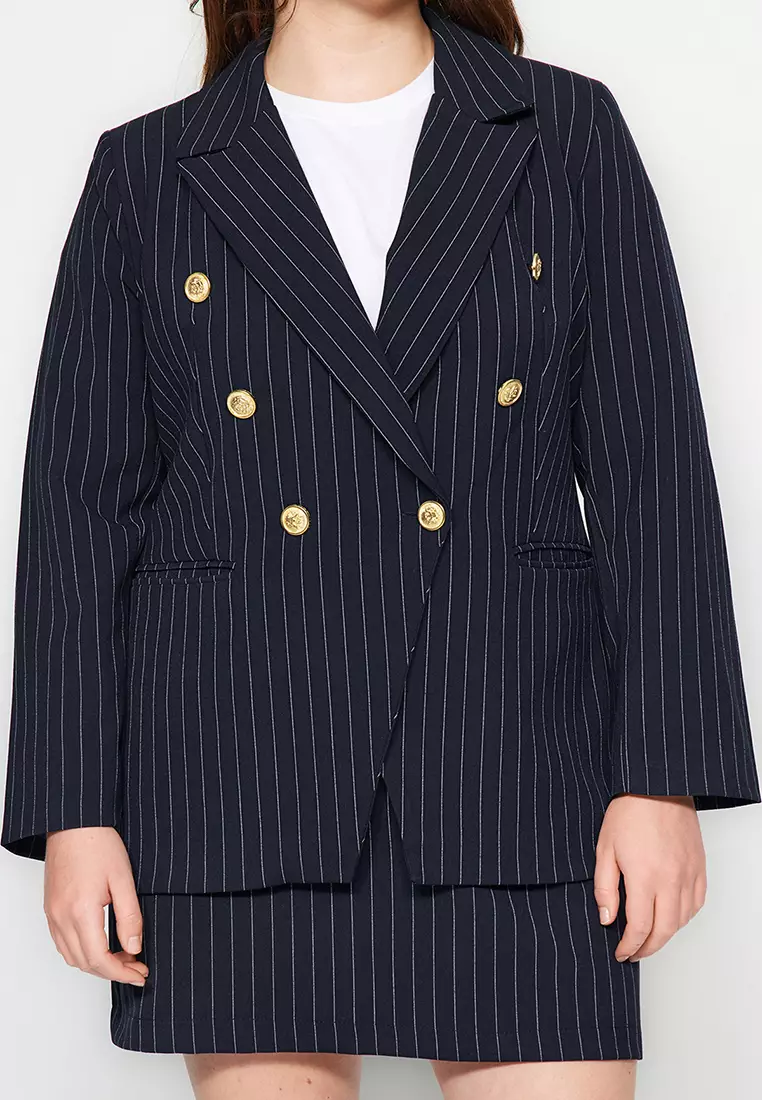 Navy Blue Striped Gold Buttoned Woven Jacket TBBAW24AG00027