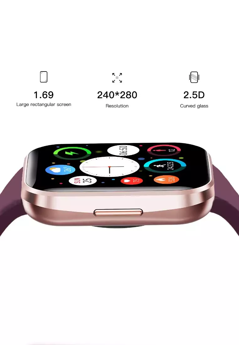 女士 IOS/Android IP 粉紅色智慧手錶 配酒紅色橡膠錶帶