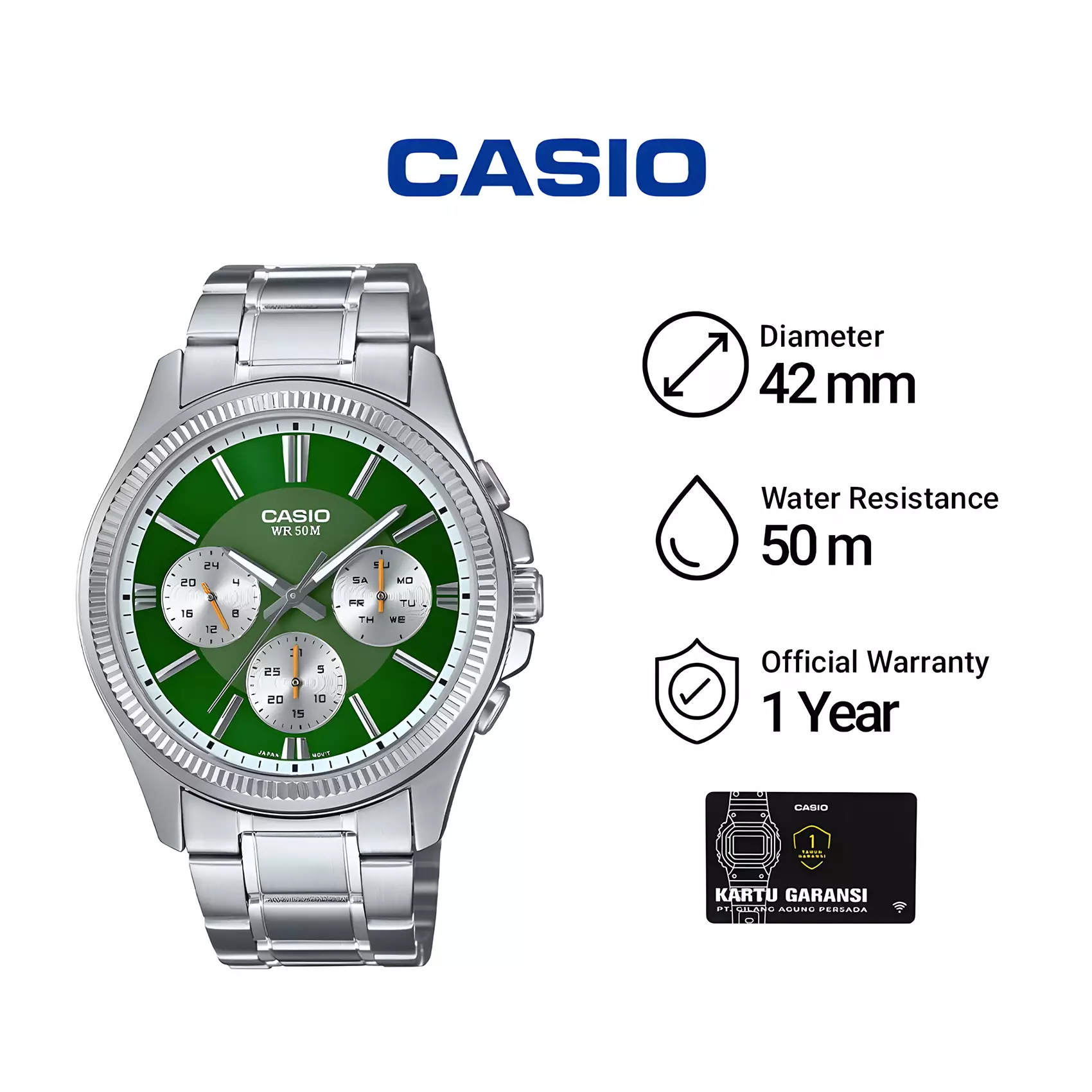 Casio - Jam Tangan Chronograph Pria - Green Dial - Silver Stainless Steel - MTP-1375D-3AV