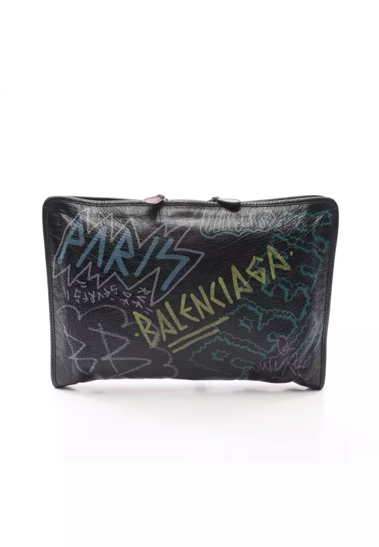 Balenciaga Classic Graffiti Clutch Bag Graphic Leather Black Multi