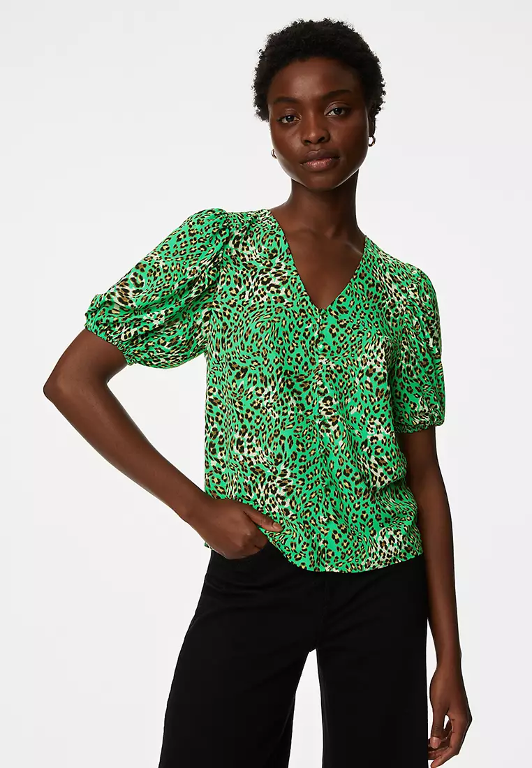 Printed V-Neck Puff Sleeve Blouse