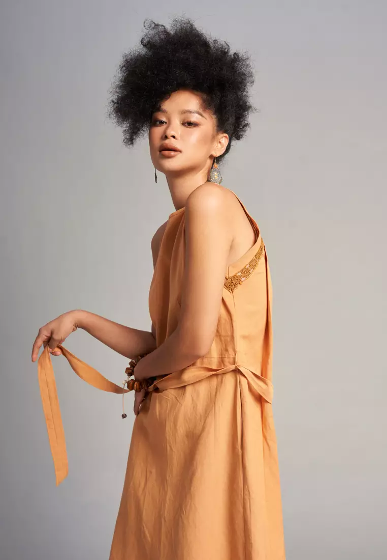 Light Orange Linen Midi Dress