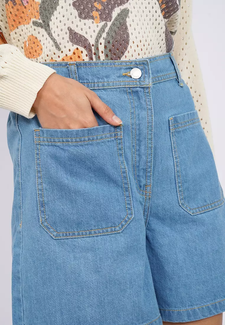 Contrast Stitch Denim Short Pants LT. BLUE