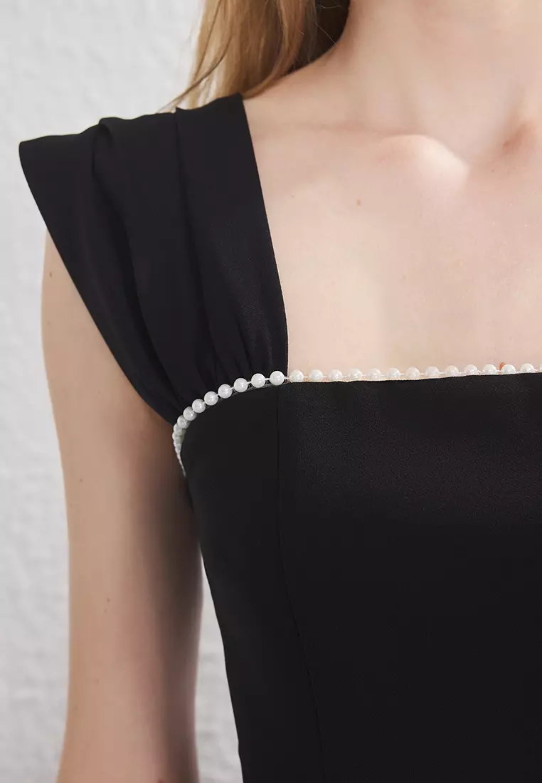 Black Pearl Detailed Waist Opening Woven Midi Evening Night Graduation Dress TPRSS25EL00287