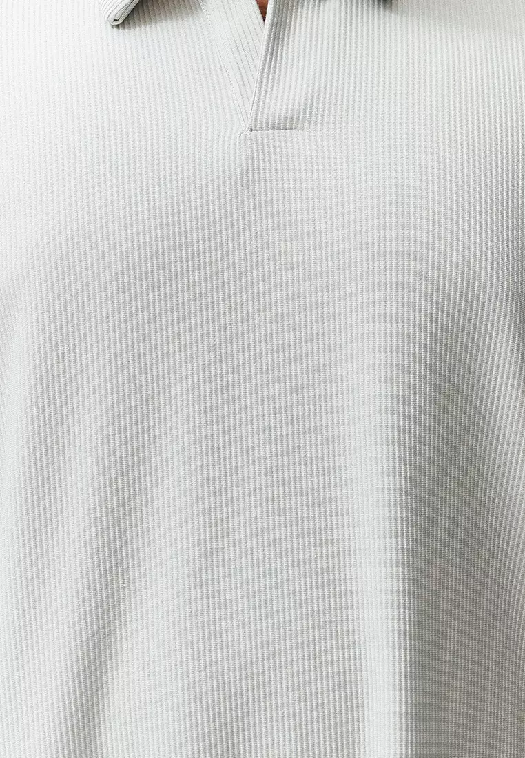 Premium Plus Size Stone Oversize Textured Ottoman Polo Neck T-Shirt TMNSS24BF00047