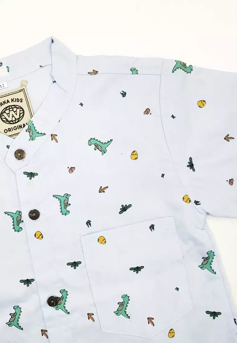 Wakakids Kemeja Anak Laki Laki Usia 6 Tahun Hingga 9 Tahun Atasan Baju Kerah Shanghai Mandarin Collar Shirt Pattern Dinosaurus 4331 Vensk