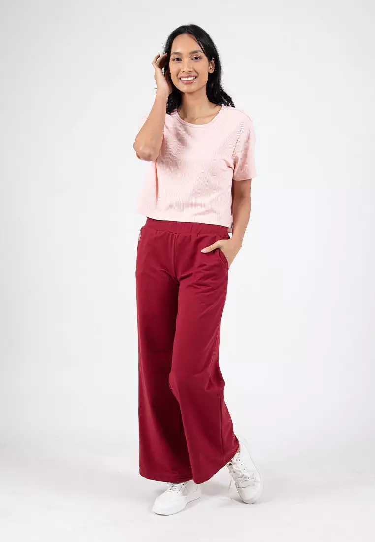 Forest Ladies Cotton Terry Wide Leg Pants Women Casual Long Pants - 810544-56Maroon