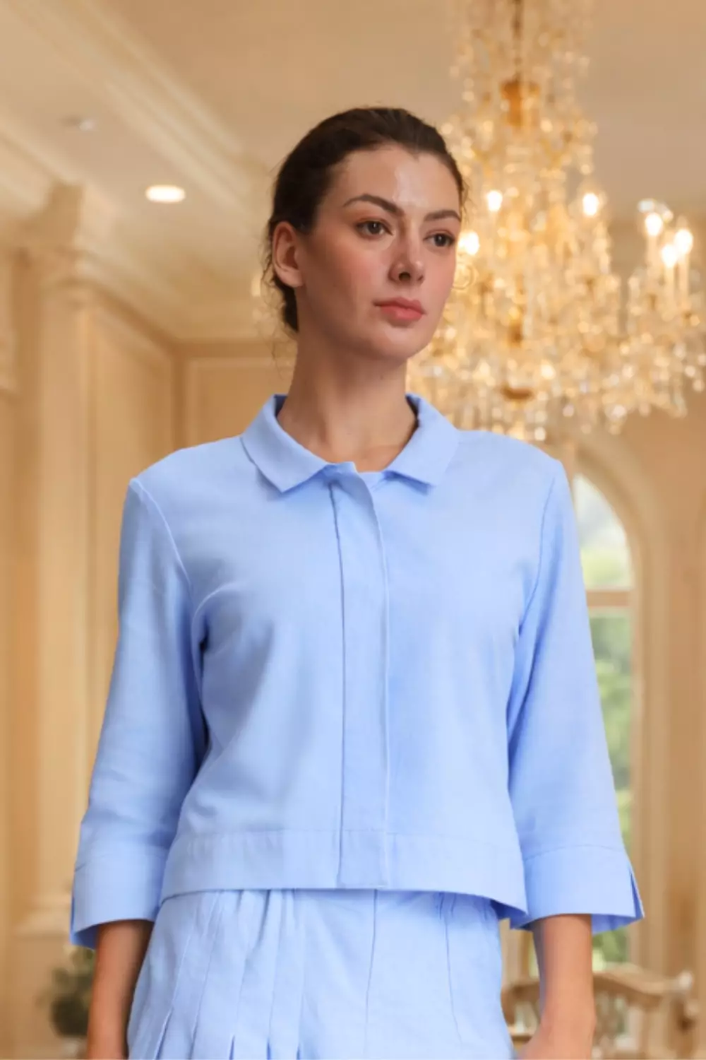 Essentials Cropped One Set Linen Top & Pleated Skirt Set Blue (One Set Shirt & Skirt)