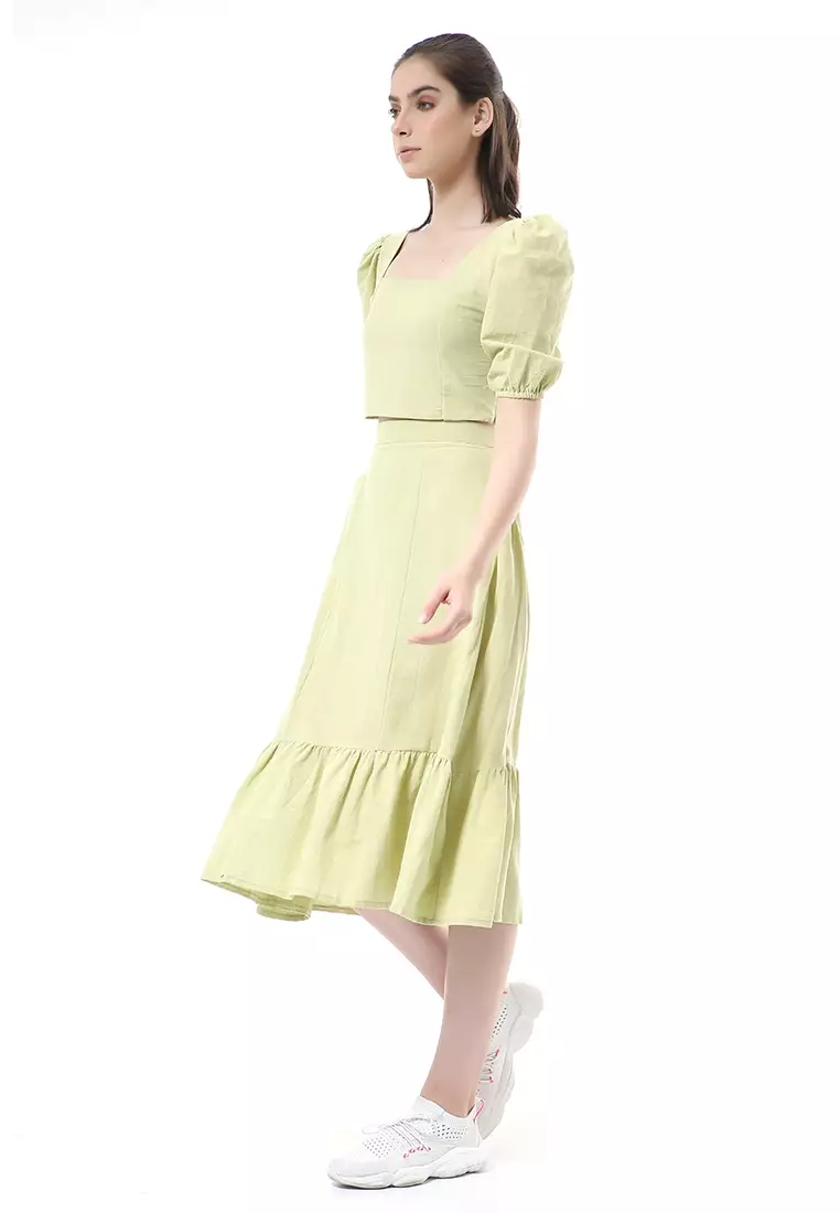 Nayra One Set Setelan Wanita Blouse Ruffle Lengan Pendek Midi Skirt Material Linen ORIGINAL - Green Olive