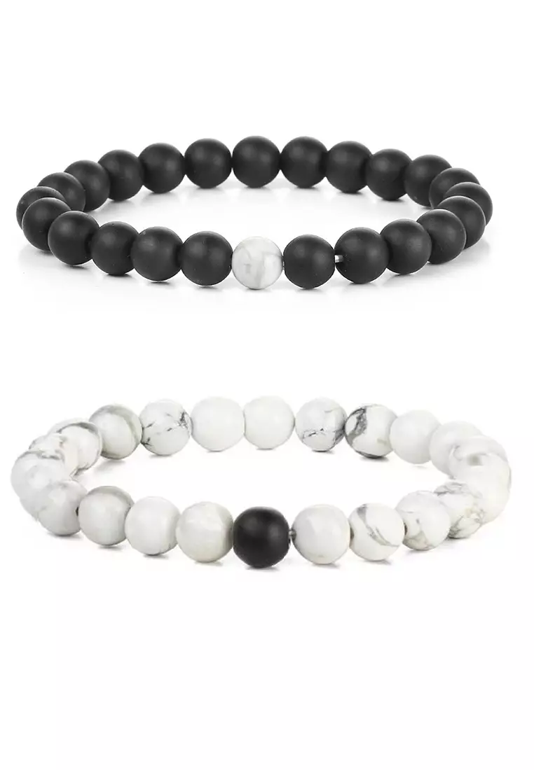 [2 UNITS] YOUNIQ Lava Stone More Black & White Fashion Round Bracelet