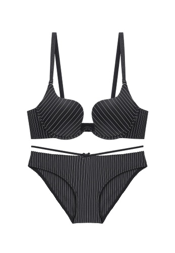 ZITIQUE black Women's American Style 3/4 Cup Lace-trimmed Underwire Push Up Striped Lingerie Set (Bra And Underwear) - Black B61ECUS76E5BEAGS_1