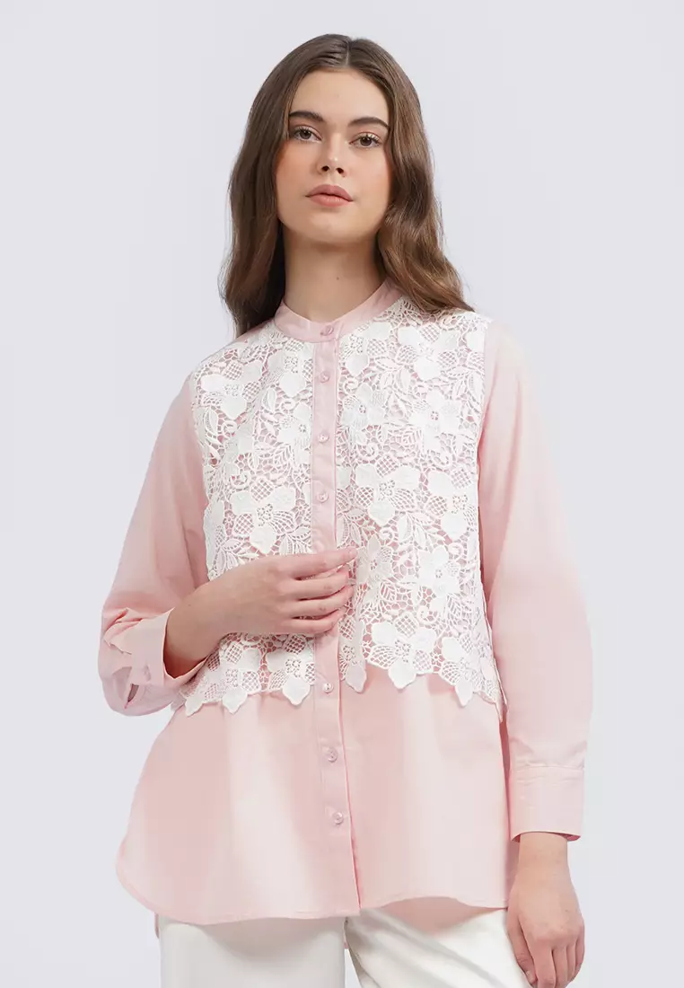 Eyelet Panel Long Sleeve Blouse LT. PINK