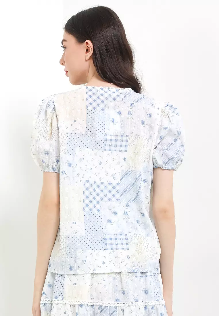 Puff Sleeves Flo Patches Print Lace Trimed Blouse W/ Ribbon