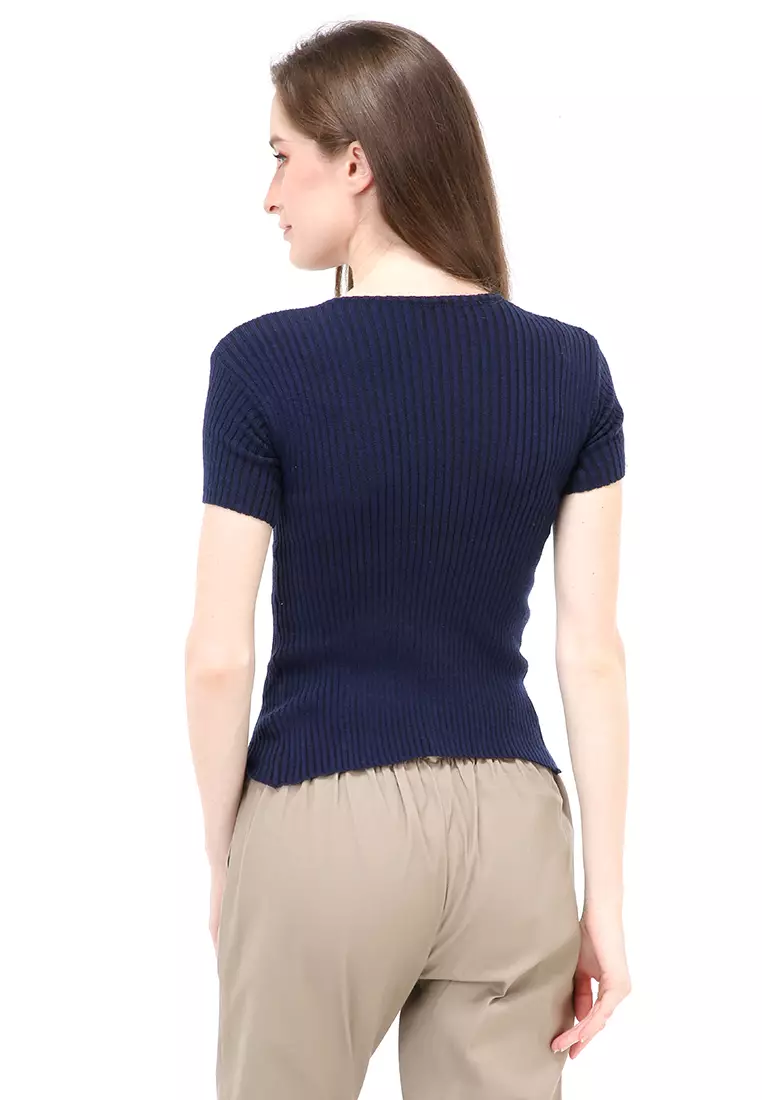 Amora Vneck Rajut Short Sleeves Atasan Casual Wanita - Navy