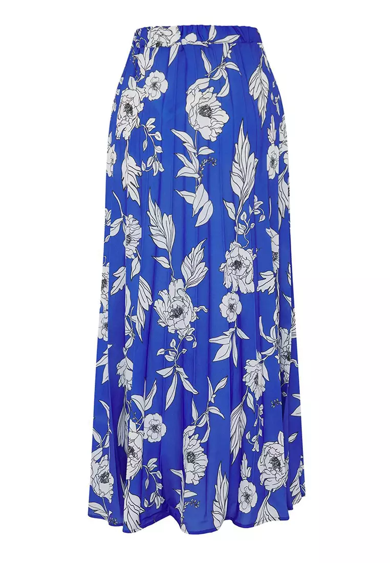 Dark Blue Floral Patterned Pleated Woven Skirt With Elastic Waist Tctss23Ee00018