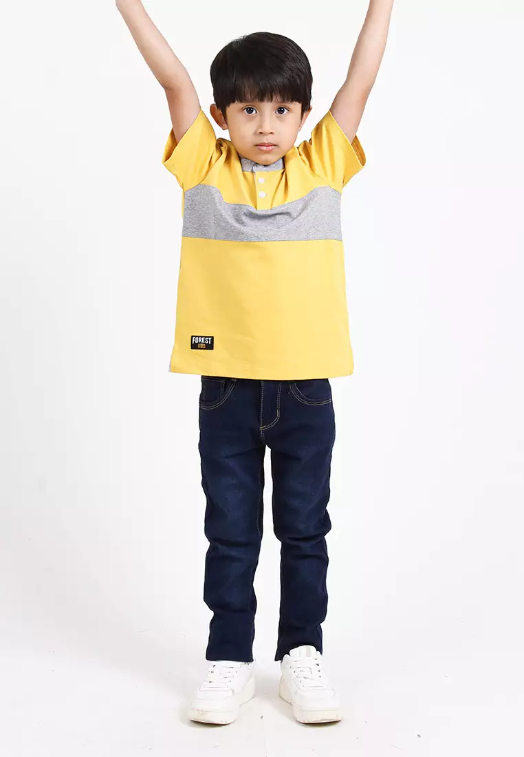 Forest Kids Premium Weight Cotton Stretchable Mandarin Collar T Shirt Men | T Shirt Baju Budak Lelaki - FK20170-65Yellow