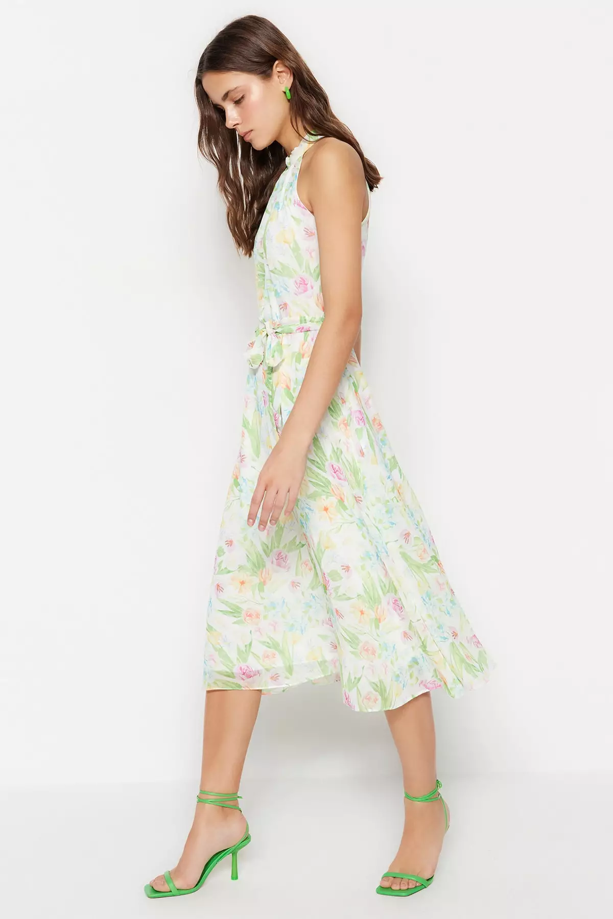 Belted Midi Floral Print Dress