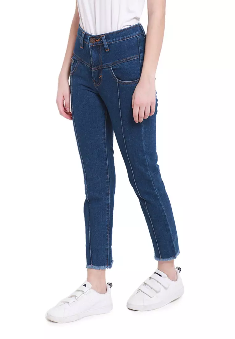 Jesslyn Celana Jeans Boyfriend Aksen Ripped Bawahan Wanita Regular Fit - Dark Blue