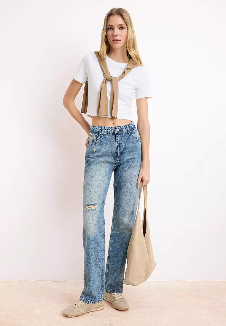 Blue High Waist Ripped Straight Jeans Twoss26Je7