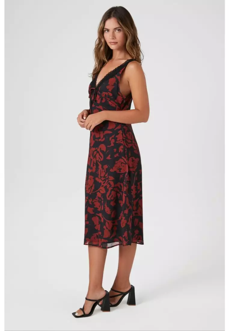 Floral Print Lace Trim Midi Dress