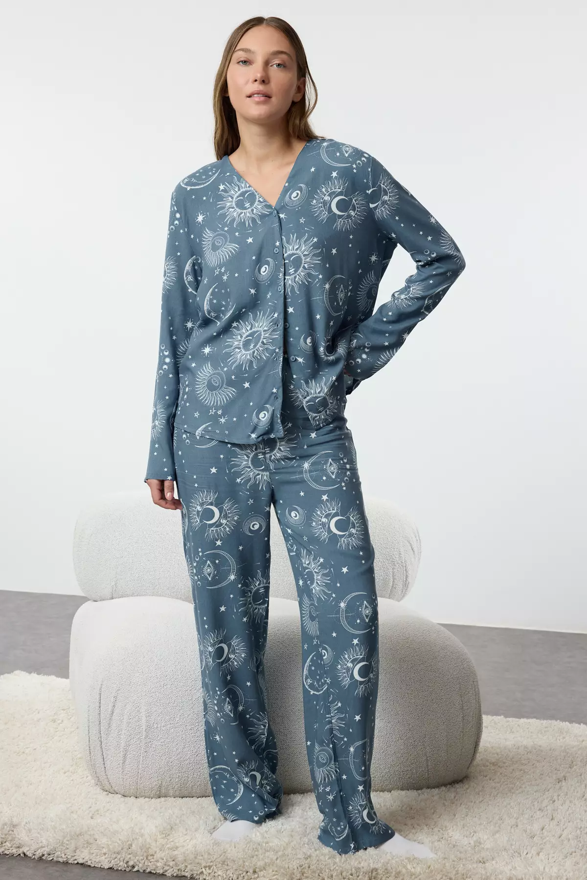 Women's Couple Blue Galaxy Patterned Viscose Woven Pajama Set