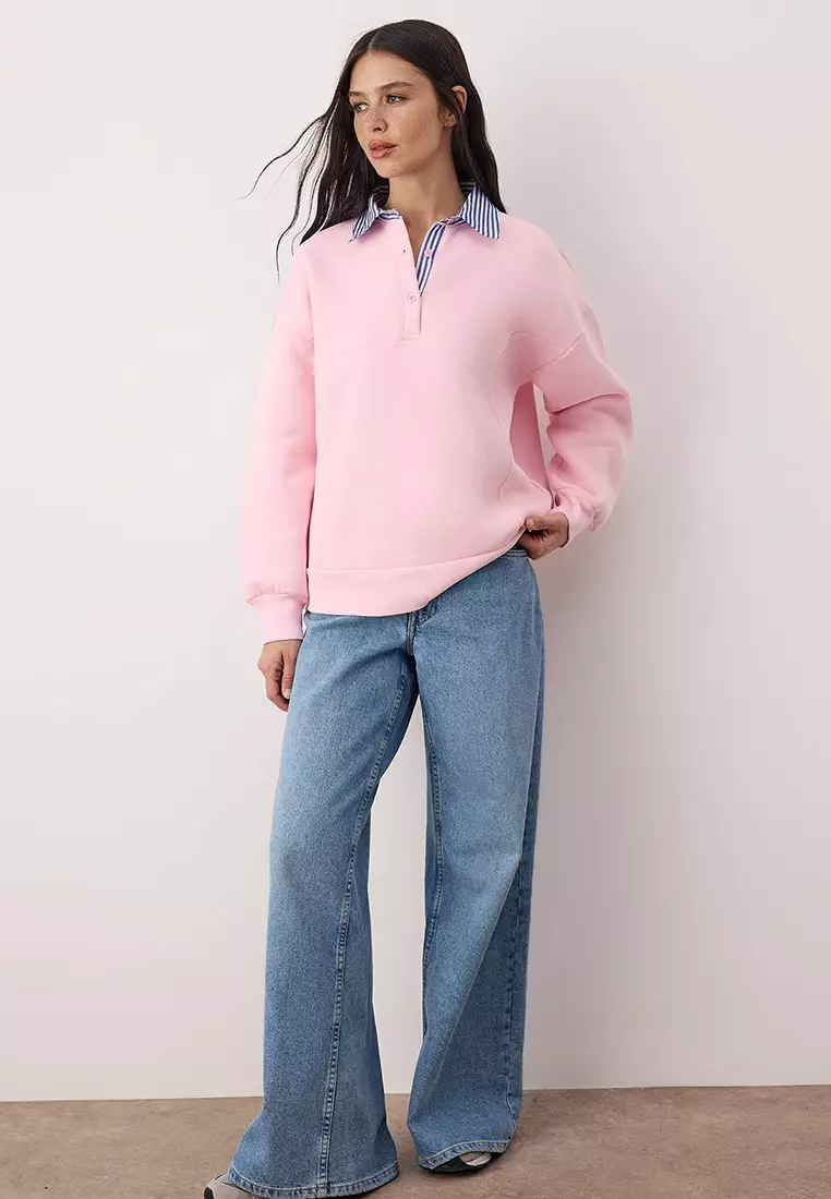 Pink Woven Garni Detailed Oversize Fit Polo Neck Thick Fleece Knitted Sweatshirt Twoaw26Sw116