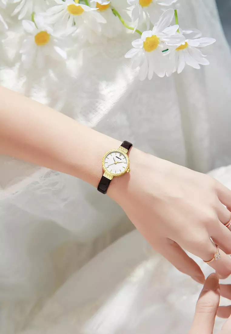 Jam Tangan Wanita Korea Original Anti Air Kuarsa Tali Kulit Jam Wanita Kecil Jam Tangan Cewek gold white