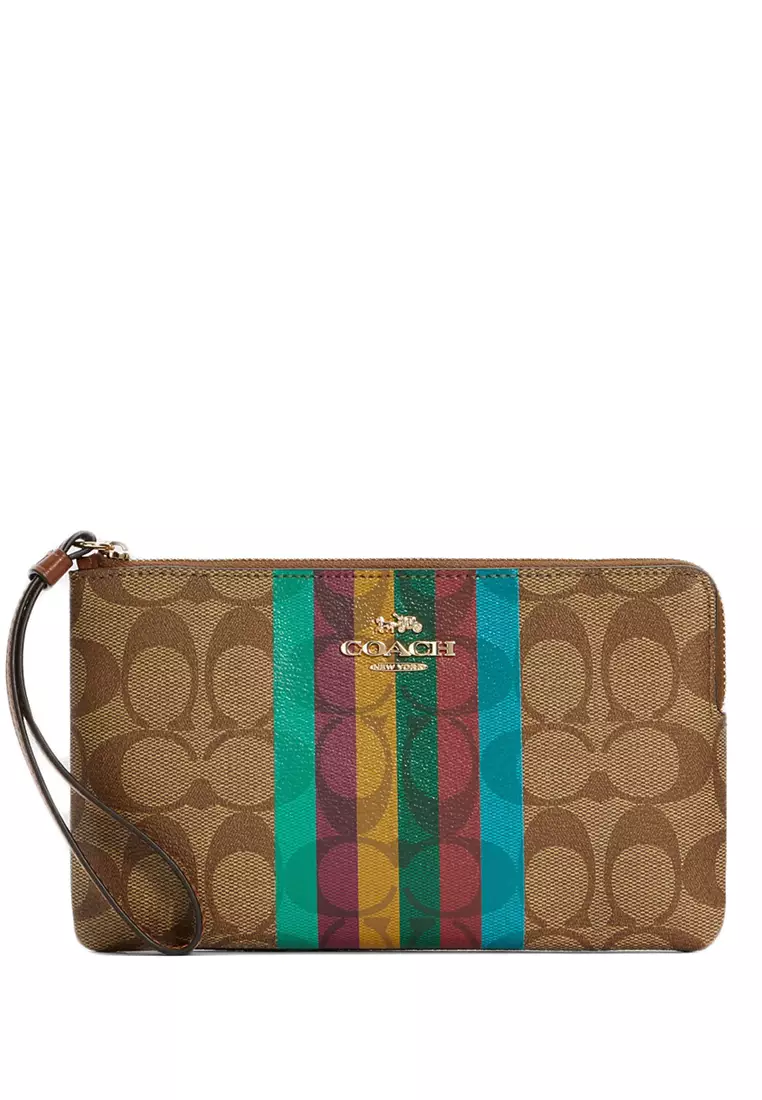Coach Large Corner Zip Wristlet In Signature Canvas With Stripe Brown