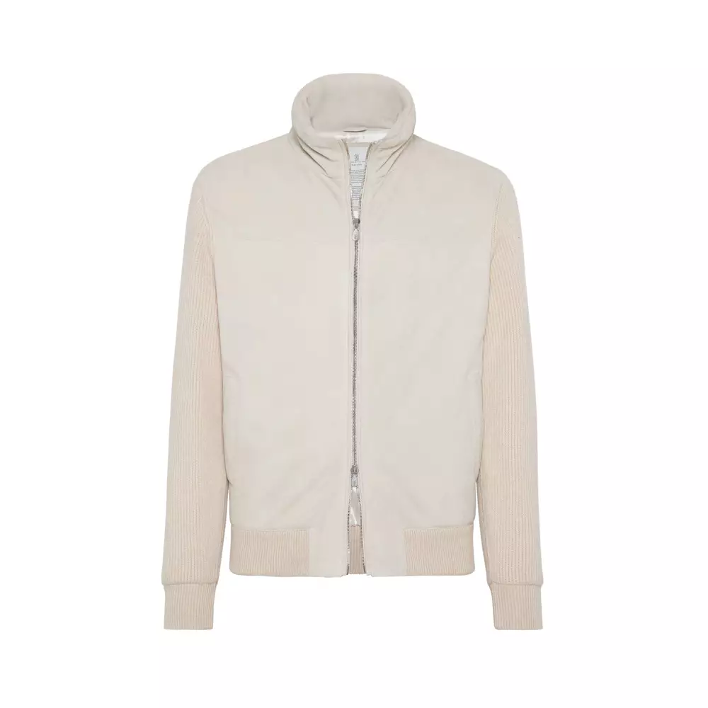 Suede Bomber Jacket with Knit Sleeves Natural