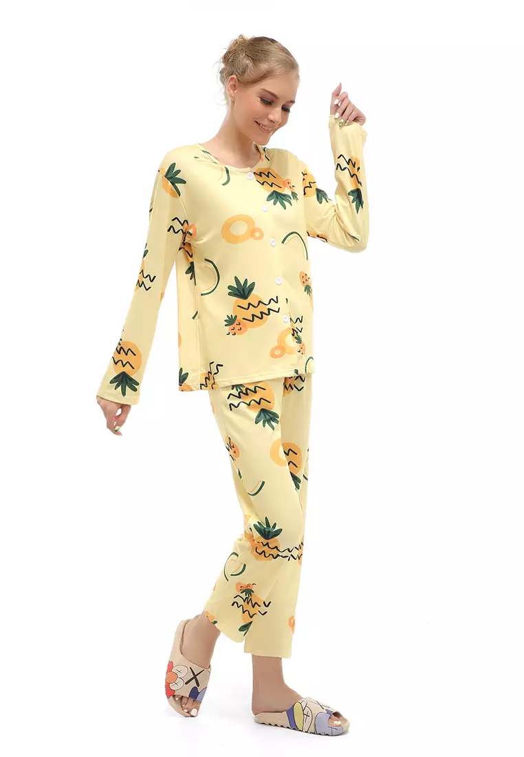 Vance Setelan Piyama Baju Tidur Wanita Lengan Panjang Pineapple Motive Material Cotton ORIGINAL - Yellow