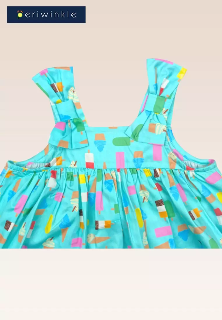 Hailey Baby Girls Blue Green Allover Ice cream Print Empire Dress with Diaper Cover