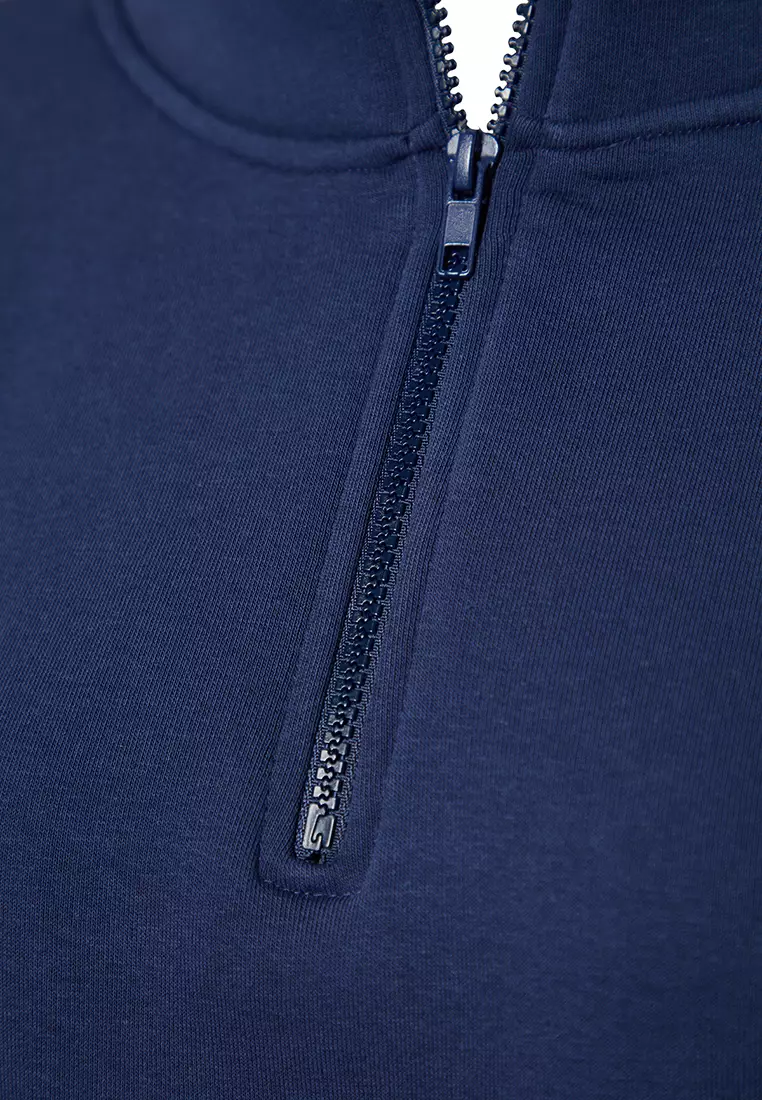 Navy Blue Relaxed Fit Crop Basic Zippered Stand Collar Thick Fleece Inside Knitted Sweatshirt