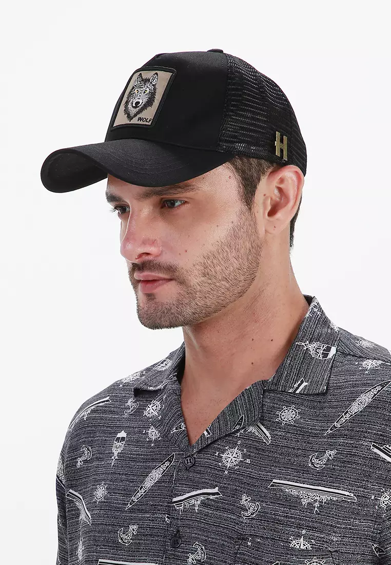 Onds Topi Trucker Baseball Wolf Unisex Quick Drying Mesh Uniqe Design Material Cotton ORIGINAL - Black