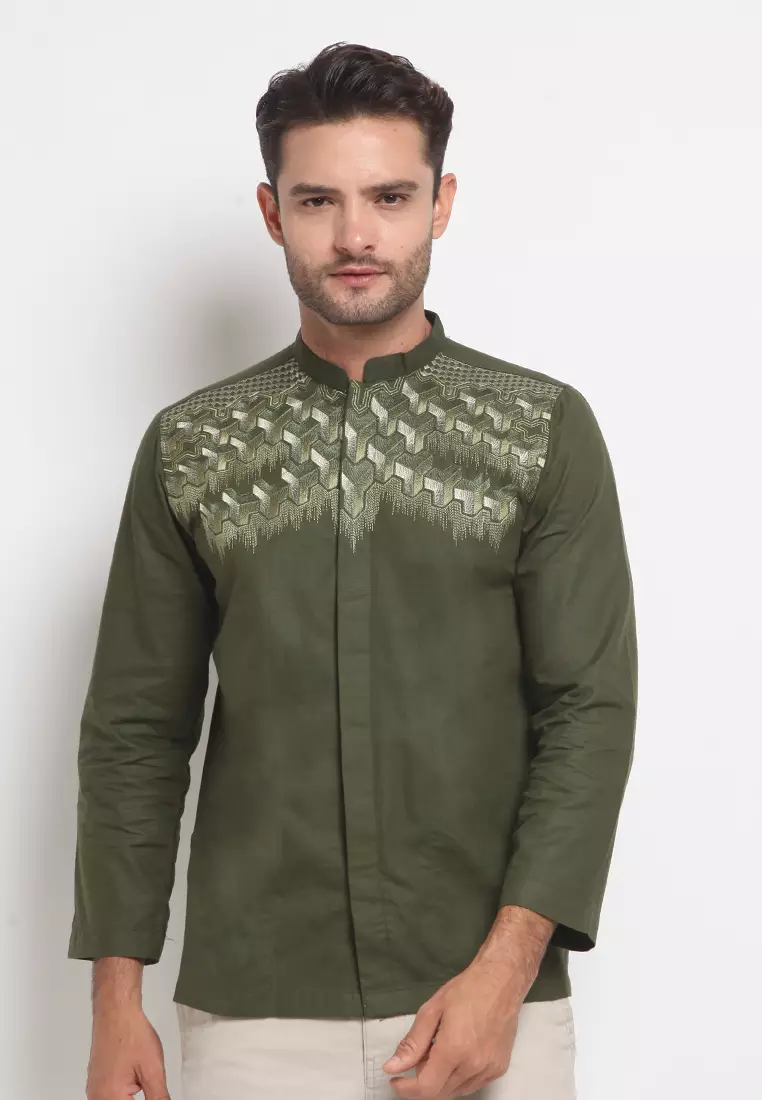 LARUSSO Kemeja Koko Bordir Katun Dobby Panjang - Cubic Army L086