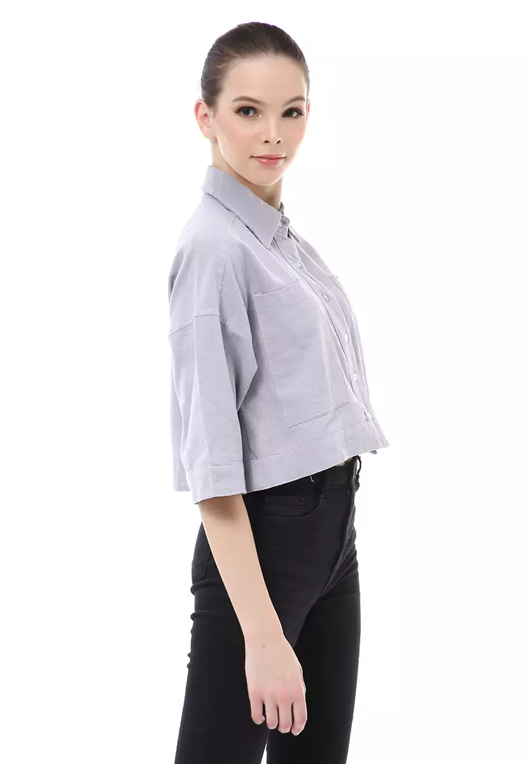 Brielle Atasan Wanita Kemeja Crop Oversize Shirt Lengan Panjang Material Linen ORIGINAL - Lilac