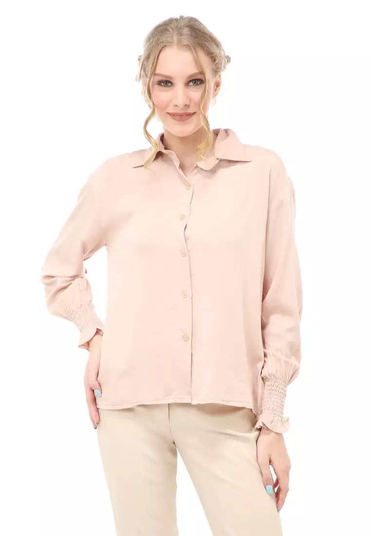Holly Kemeja Atasan Kasual Wanita Model Lengan Karet Material Twill rayon ORIGINAL - Milk Brown