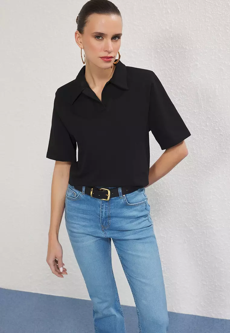 Black Cotton Padded Polo Collar Regular/Normal Pattern Knitted T-Shirt TWOSS25TS00195