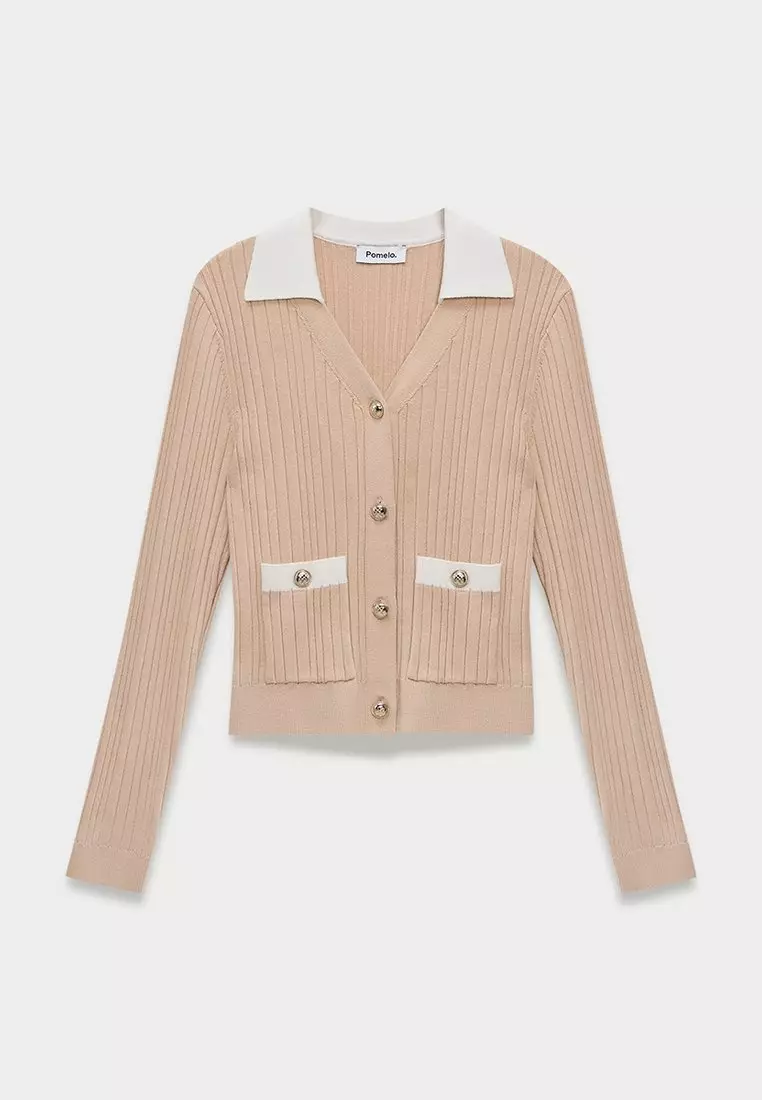 Contrast Collar Ribbed Pocket Cardigan - Beige