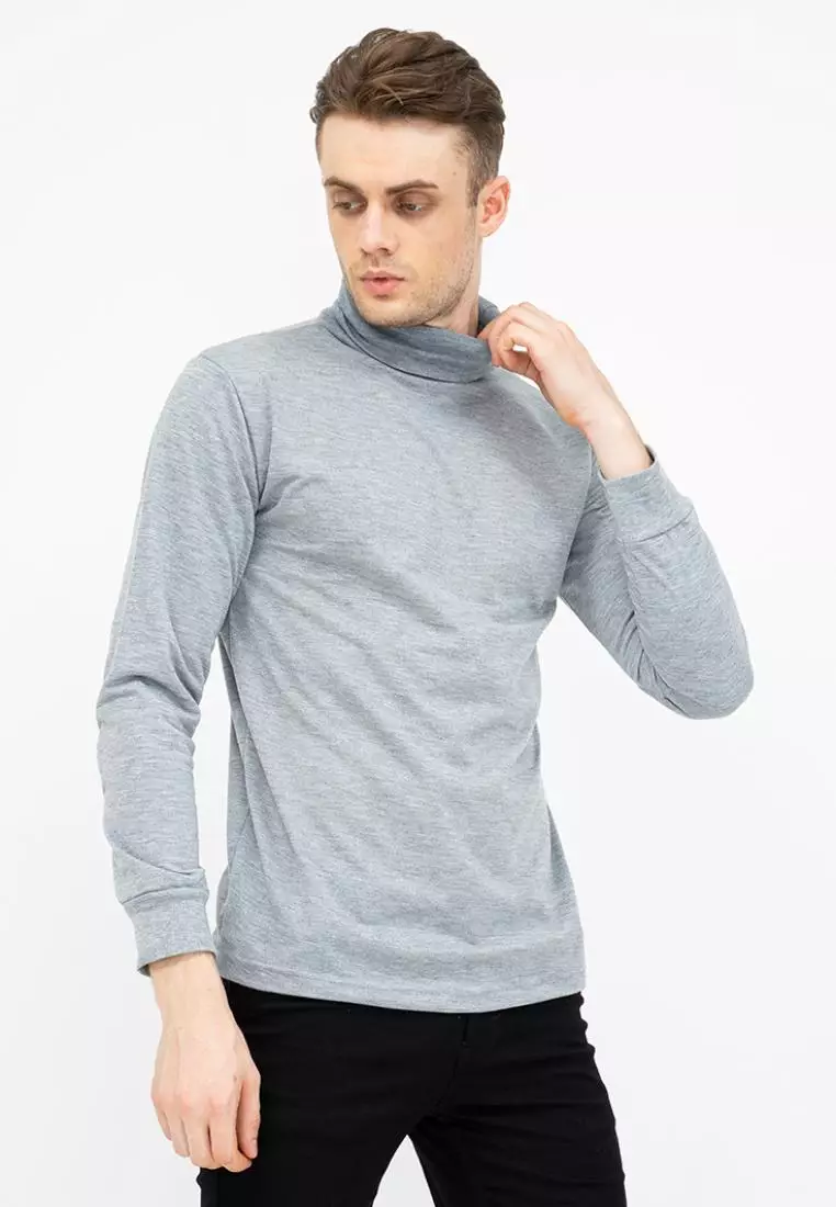 Turtle Neck pria lengan panjang abu muda kaos kerah tinggi slim fit houseofcuff