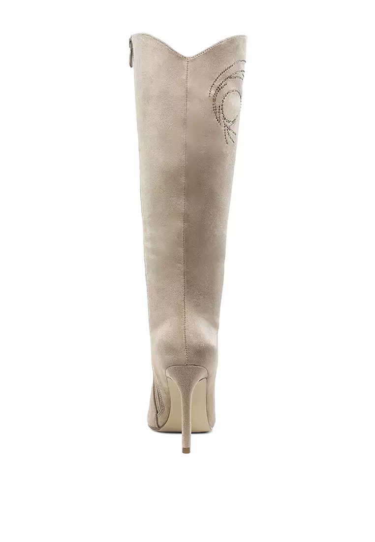Rhinestone Patterned Calf Boots in Beige