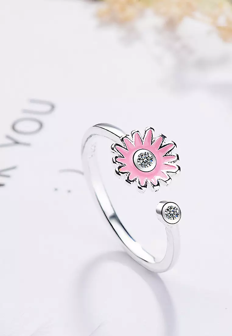 Pink Daisy Flower with Diamonelle Adjustable Ring