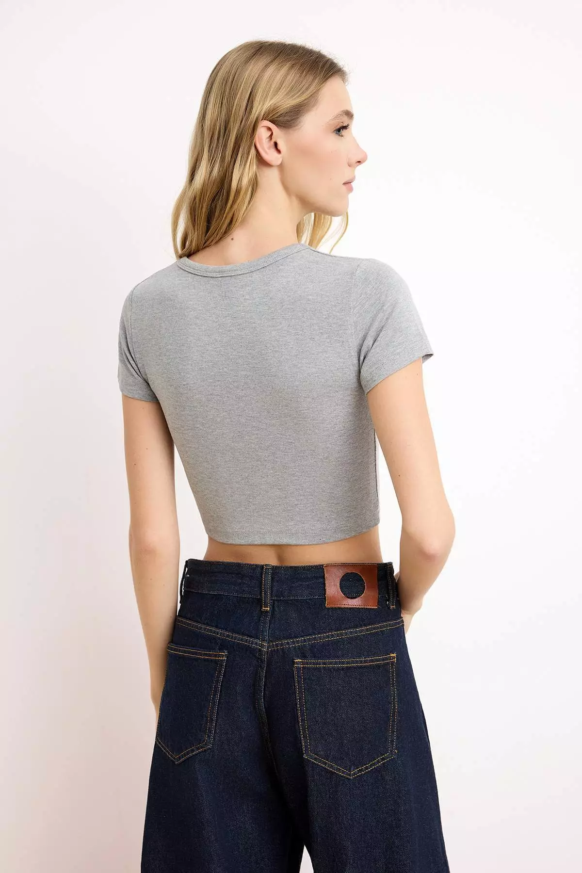 Navy Blue-Grey Melange 2-Pack Crop Viscose/Soft Fabric Stretchy Knitted Blouse Twoss23Bz18