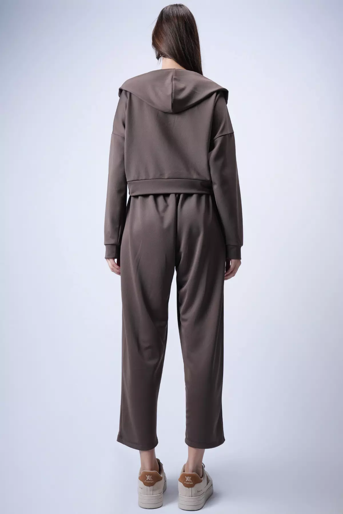 Women'S Bitter Brown Hooded Double-Breasted Collar Loose Fit Transitional Bottom Top Set Alc-X13268