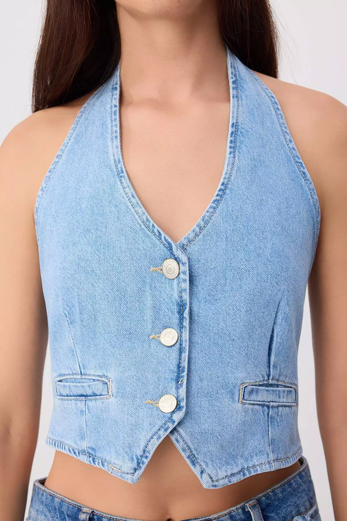 Blue Halter Neck Crop Denim Blouse Twoss26Bz00833