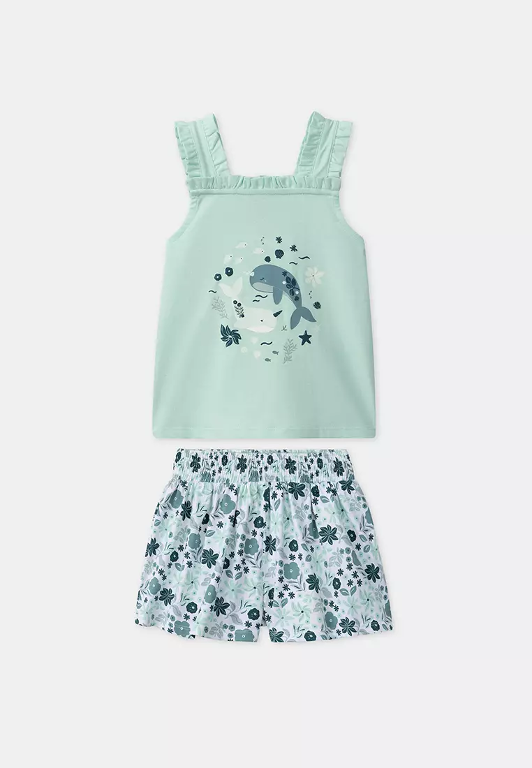 Blue green SET / Narwhal Print Top