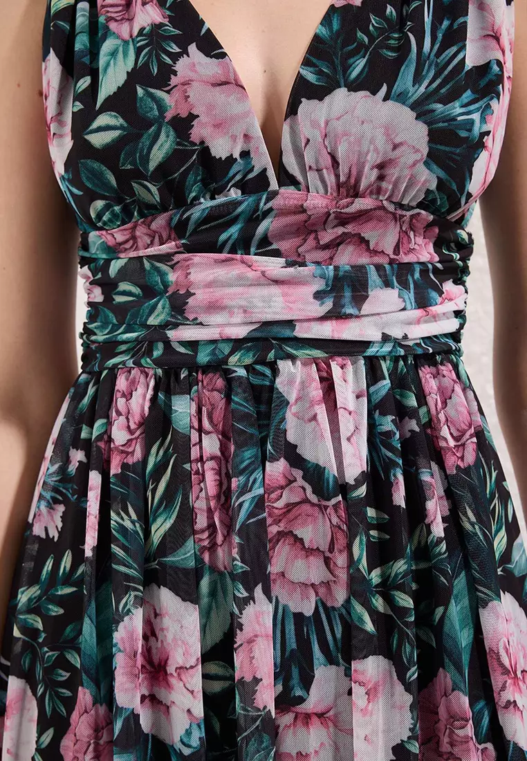 Multicolor A-Line V-Neck Floral Pattern Knitted Long Stylish Evening Dress Tprss25Ae00096