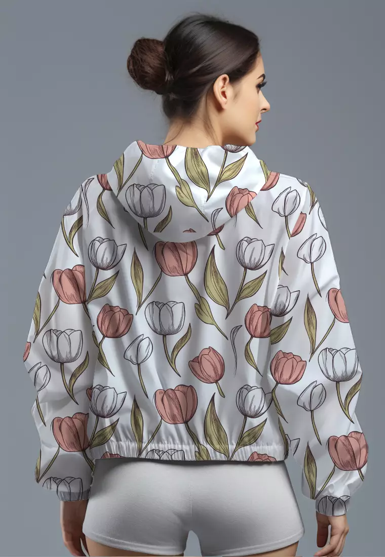 LSD82 jaket lari wanita parasut motif "white orange roses" putih multicolor