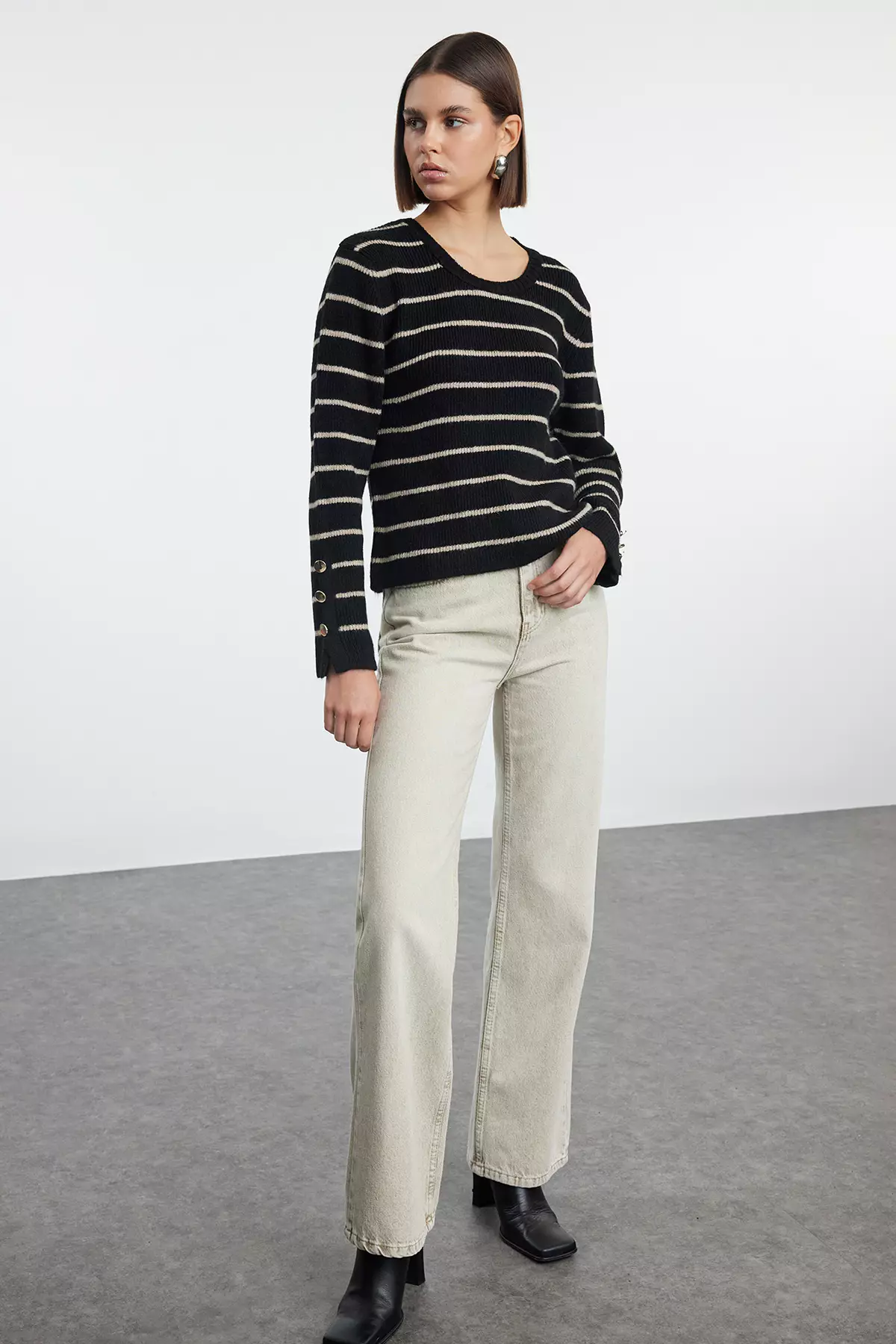 Basic Striped Black Knitwear Sweater - Soft Texture Twoaw25Kz235