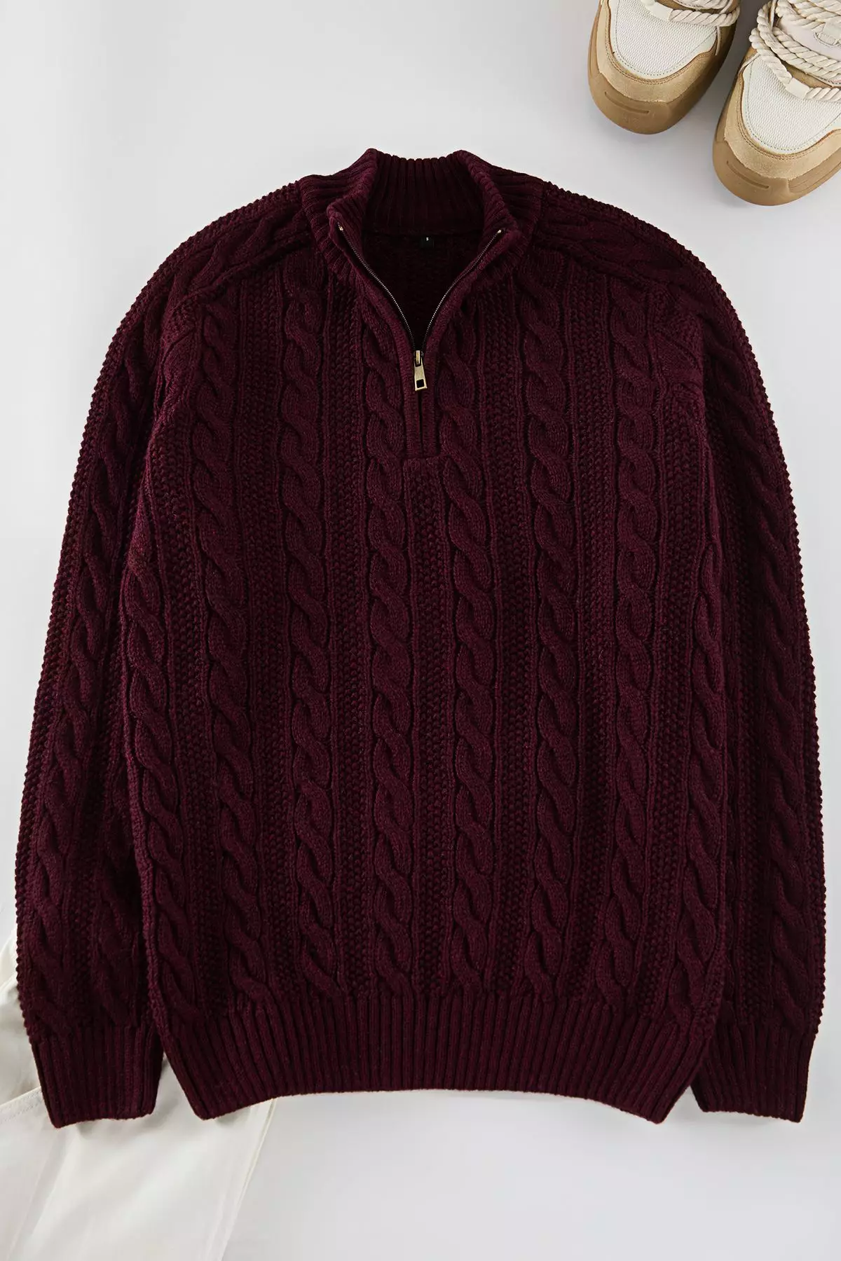 Claret Red Unisex Regular Fit Zippered Half Turtleneck Knit Sweater TMNAW21KZ0737